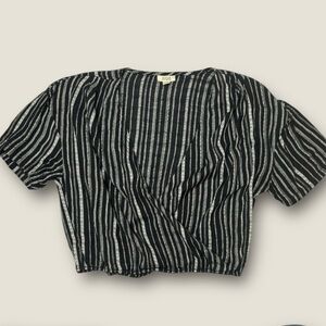 a.n.a Charcoal and Light Gray‎ Striped Blouse Cinched hem size M deep V